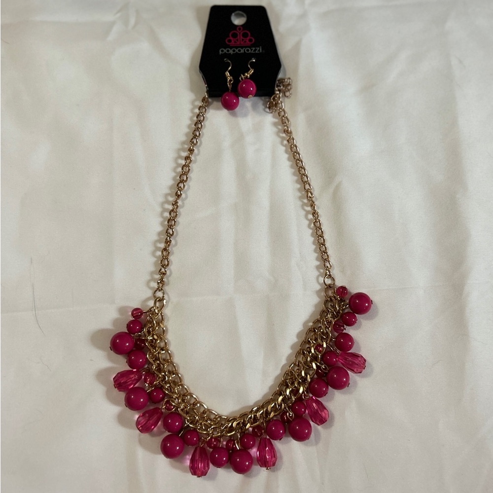 Hot Pink Fashion Statement Necklace with Matching Earrings